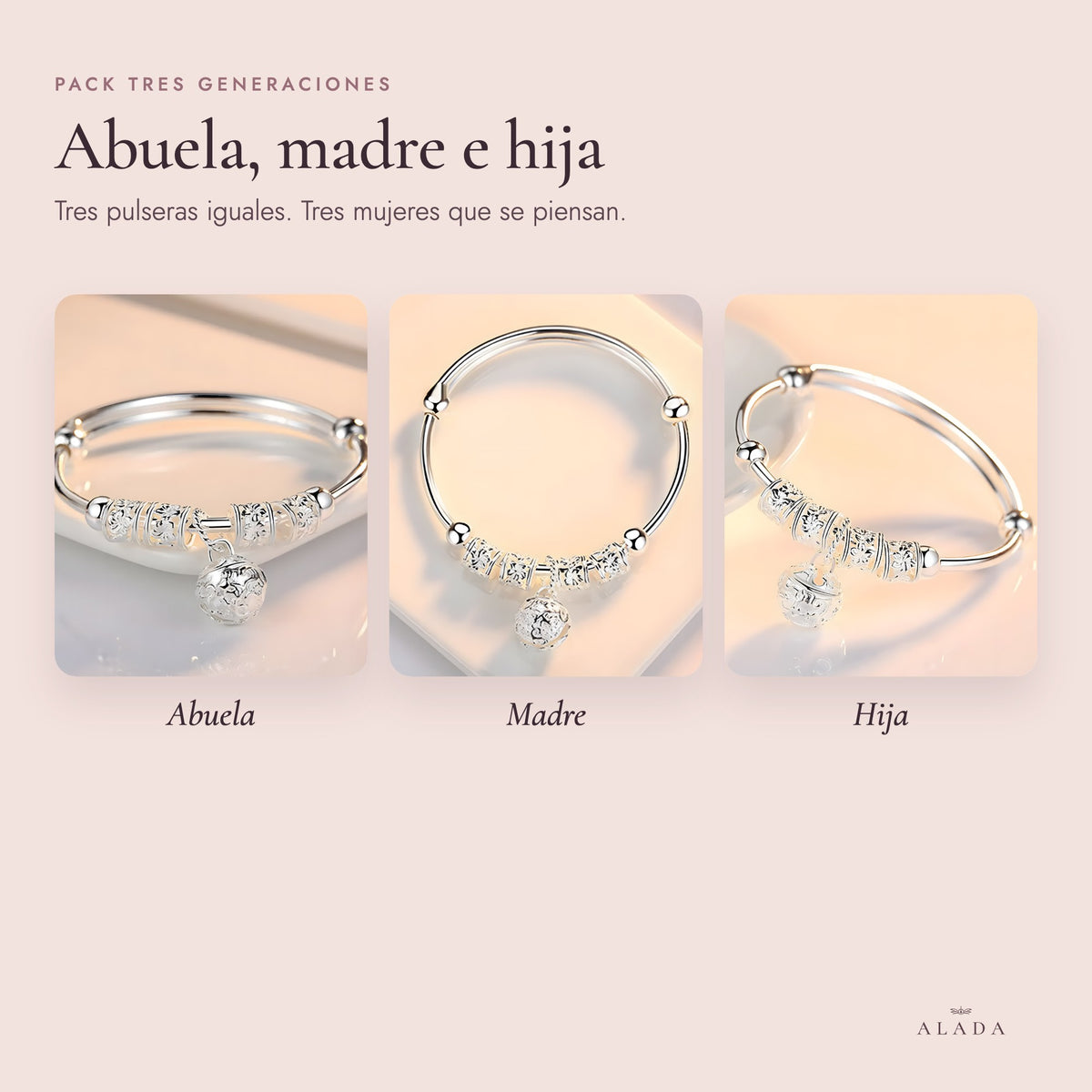 Pack tres generaciones: tres pulseras para abuela, madre e hija