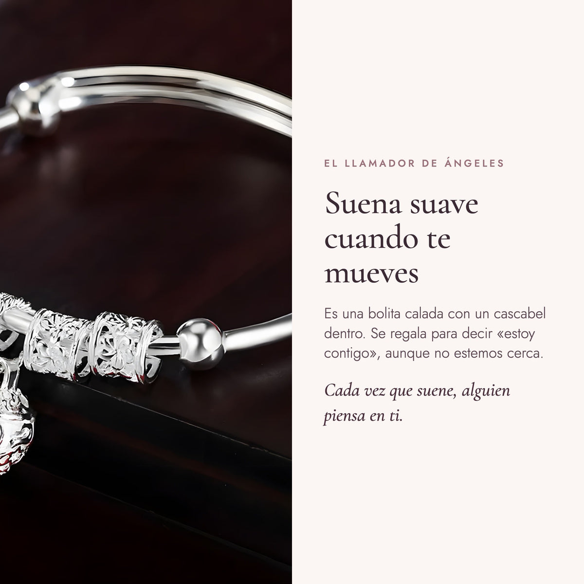 Detalle del llamador de ángeles: bolita calada que suena suave